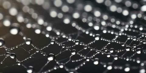 A close-up macro shot of morning dew on a spider’s web, with the focus on the intricate patterns and water droplets, giving it an ethereal