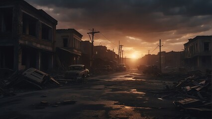 Wall Mural - A destroyed dark apocalyptic city post apocalypse after a world war at sunset from Generative AI