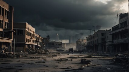 Wall Mural - A destroyed apocalyptic city post apocalypse after a world war, noir from Generative AI