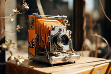 Generative AI Image Of An Antique Folding Camera, Featuring A Metallic Structure And An Orange Leather Cover, Displayed On A Wooden Surface With Delicate Flowers In The Background
