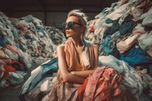Fashionable woman surrounded by textile waste. Generative AI image
