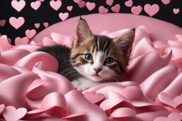 The kitten lies in a pink hearts. A cat sit in purple balloons for Valentine's Day. Romantic concept: love, tenderness. High quality photo