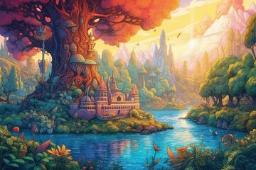 Illustration of a vibrant forest with trees, boat, train, castle, and jungle scenery depicting a whimsical fantasy nature drawing. Generative AI