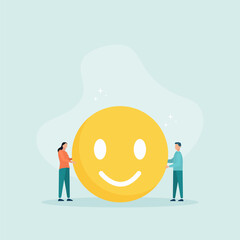 Work motivation concept. Employee happiness, job satisfaction or company benefit. Happy businessman and woman with smiling face symbol in joyful workplace.
