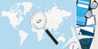 © boldg - Hungary is magnified over a World Map, illustration with airplane, passport, boarding pass, compass and eyeglasses.