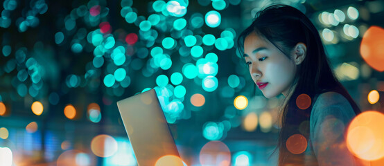 Wall Mural - a tech professional lost in focus amidst a kaleidoscope of city lights, coding the night away