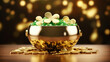 A pot of gold, clover, and coins against a bokeh light backdrop, a festive and lucky Saint Patrick's Day concept.
