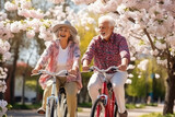 Fototapeta  - Youthful and playful happy senior old couple enjoy outdoor leisure activity riding bikes in spring cherry blossom park. Elderly Man woman in healthy active lifestyle. Retired people using bicycle