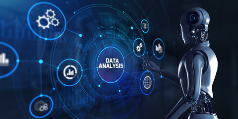 Data analysis analytics big data business intelligence technology concept. Robot pressing button on virtual screen. 3d render.