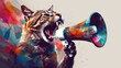 Funny cat holds loudspeaker in its paws and screams, creative idea. Business and management, concept. Increase traffic, advertising and attention