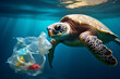 sea turtle underwater plastic bag, ocean pollution.