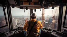 Profession Crane Operator. A Man In A Special Uniform And A Helmet On His Head Sits And Works In The Cabin Of A Construction High-rise Crane.From The Window You Can See A Large City Under Construction