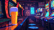 Lo-fi illustration of beer pint on a table un a 90s arcade center. Drinks.