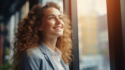 American young business woman looking at the window 