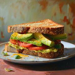 Sticker - Delicious Healthy Lunch on Wooden Table - Freshly Made Gourmet Sandwich with Toasted Bread, Avocado, Tomato, Lettuce, and Bacon on a Rustic Background.