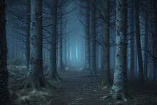 Eerie Blue Forest With Tall Trees And A Narrow Path Leading Into The Mist