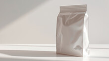 Blank White Aluminium Foil Plastic Pouch Bag Sachet Packaging Mockup On A White Background. AI Generated
