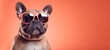Funny animal pet banner - French bulldog dog with sunglasses, isolated on peach fuzz background