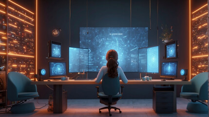 Teenage girl sitting in large room with computer consoles, monitors. Hacker lady check network virus through display monitor device