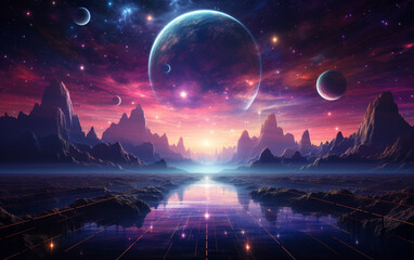 Neon abstract space background with nebula and stars. Futuristic fantasy landscape. Futuristic space sci-fi abstract background, sci-fi landscape with planet, neon light, cold planet. 3d render