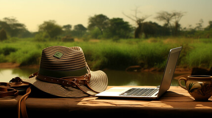 hat and laptop on the  beach high definition photographic creative image