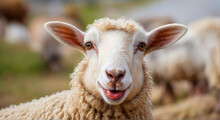 Funny Beautiful Sheep Portrait Of Sheep Showing Tongue