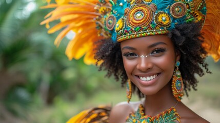 Wall Mural - Beautiful african american woman dressed in traditional brazilian costume posing outdoors.