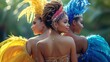 Group of three beautiful woman in traditional costume at carnival in Brazil.