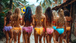 Rear view of a group of young women in colorful bikini on the beach at Brazil.