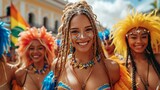 Portrait of a group of young women in colorful costumes at the carnival in Brasil.