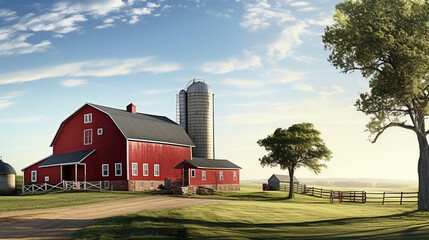 Canvas Print - red barn and silo high definition photographic creative image