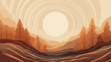 Wall Mural - Small minimalist background illustration, line art style. one line, creative,anime.  earthy tones and tree rings, symbolizing the cyclical and enduring nature of forests and their vital role in the