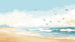 seagulls flying over a sandy shore, capturing the serene and breezy ambiance of a tranquil beach scene. simple minimalist illustration creative