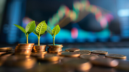 Wall Mural - Plants growing on a pile of coins on the table. stock chart background, financial growth and financial freedom concept