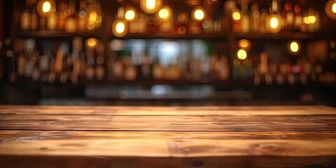 Wall Mural - Empty wooden table set in bar or pub counter defining interior of cafe light casting blurred shadows in restaurant drink ambiance at night top view against dark background desk space