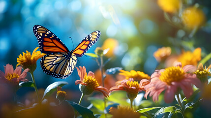 Wall Mural - Monarch orange butterfly and bright summer flowers on seasonal background of blue foliage in a fairy garden. Spring summer wallpaper. Generative ai.