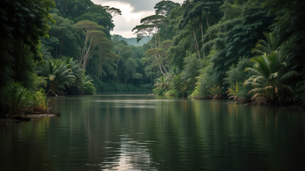 Amazon rainforest river landscape. Nature wallpaper design. Generative ai