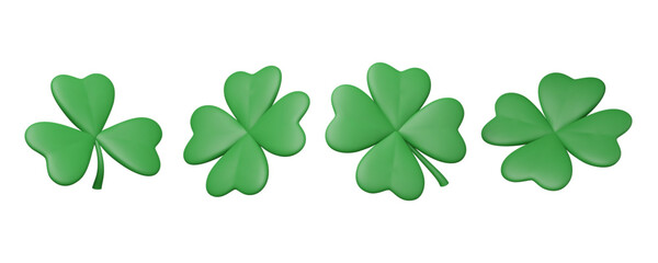 Set of green clover leaves in different angles. 3D shamrock. St. Patrick's Day element render in plastic style. Cartoon vector illustration isolated on white background. Traditional irish symbol.