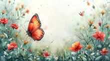 Watercolor Background With  Red Butterfly