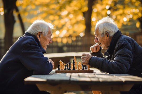 senior friends playing chess game at the park