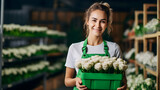 Eustoma Flowers in Green Container: A close-up view of a green plastic box held by a young florist, containing beautiful white eustoma blooms, perfect for adding charm to floral arrangements.
