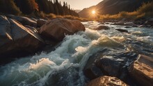 Rapid River Water Wavy Current On A Rocky Mountain Side At Sunset From Generative AI