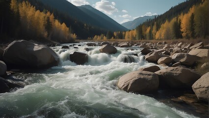 Canvas Print - Rapid river water wavy current on a rocky mountain side from Generative AI