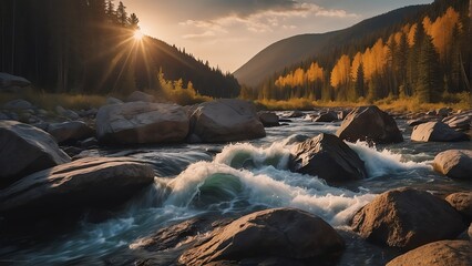 Poster - Rapid river water wavy current on a rocky mountain side at sunset from Generative AI