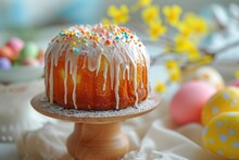 Easter Cake With Sugar Glaze And Colored Eggs On A Light Background