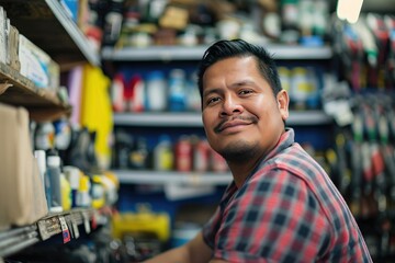 Wall Mural - Young latin man working in hardware store