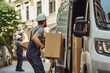 © senyumanmu - Team of Workers use Hand Truck Loading Delivery Van with Cardboard Boxes
