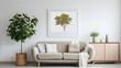 Mockup poster above white cabinet with plant next to grey sofa in simple living room interior.