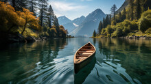 A Breathtaking Ultra-realistic Landscape Showcases Towering Mountains, A Pristine Lake, And Lush Pine Forests Wit A Boat
