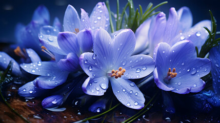 Spring flowers of blue crocuses in drops of water on the background of tracks of raindrops. Seasonal wallpaper, web header, greetings card template